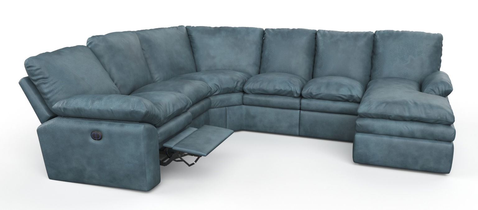 Blue leather reclining sectional with chaise