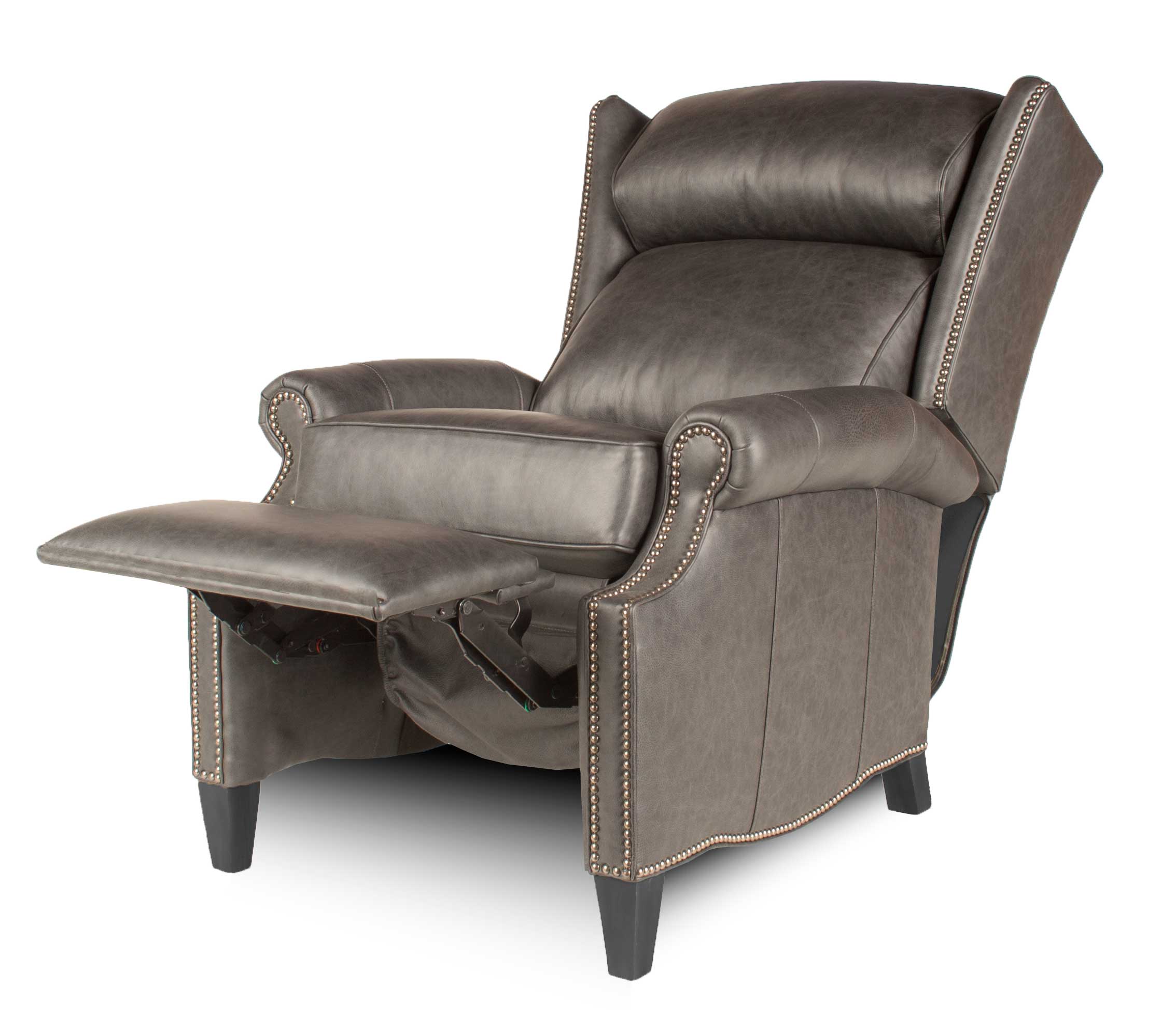 Calvin - Grey Leather Recliner - Angled Open