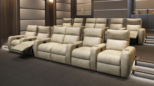 custom leather furniture Leather home theater seating with power head rest shown in a light tan full top grain leather